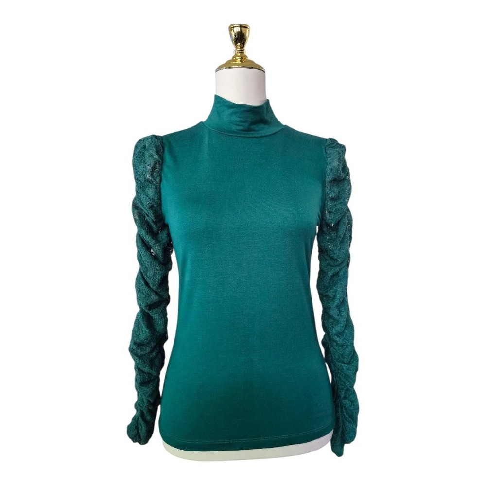 Maeve by Anthropologie Green Mock Neck Top Textured Braided‎ Sleeve XS